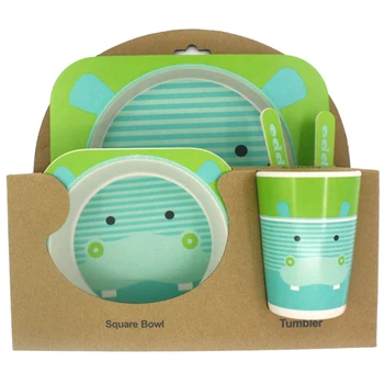 

5 Pieces / Set Of Dish Tableware Feeding Set Bamboo Fiber Baby Cute Children Container Cutlery Set,Green Hippo