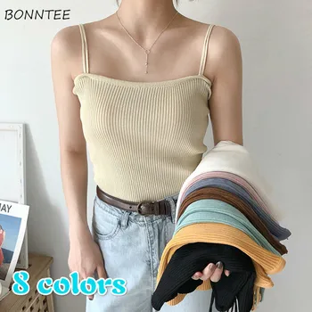 

Camisole Women Retro Elegant Summer Strap Tanks Knitting Chic Basic Bottoming Off-shoulder Leisure All-match Female Stretchy New