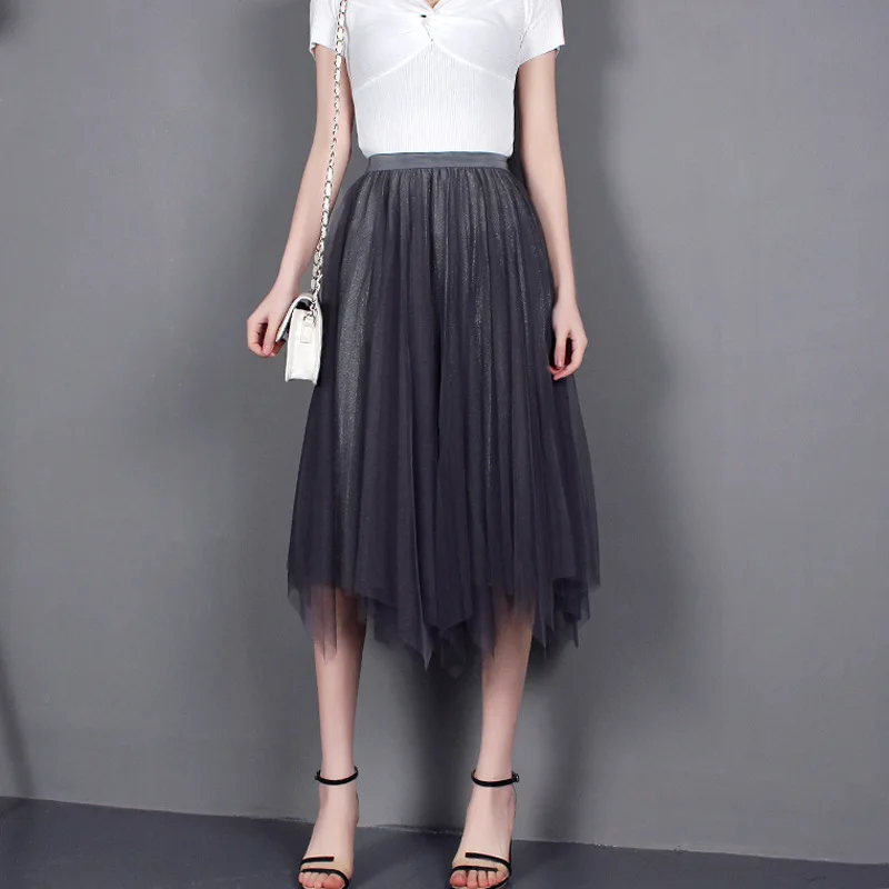 2020 Summer New Pleated High Waist Irregular Long for Women Tulle Vintage Sexy Asymmetrical Chiffon Skirts womens mermaid skirt