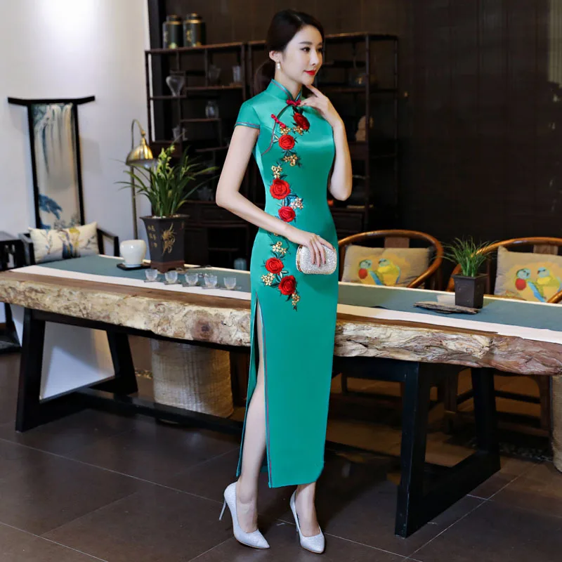 Притягательный. Лёгкий синий женский длинный Cheongsam летнее винтажное платье Ципао
