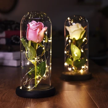 

Party Favors Beauty the Beast Red Rose w/ Fallen Petals in a Glass Dome on a Wooden Base for Christmas Valentine's Gifts