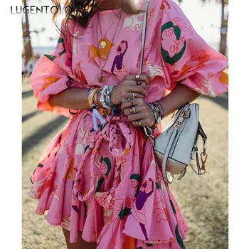 

Lugentolo Summer Dress Women Abstract Print with Long Sleeves Round Neck Sashes A-Line Streetwear Womens Dresses