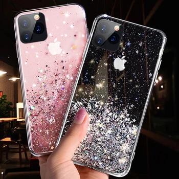 

For iPhone 11 Pro X XR XS MAX 6 6S 7 8 Plus SE 2020 Case Bling Sequins Star Glitter Case Shining Transparent Soft TPU Cover