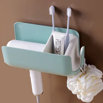 

Bathroom Hair Dryer Rack Storage Shelves Organizer with Hooks Creative Wall-mounted Free Punching Toilet Organizer Box Shelf