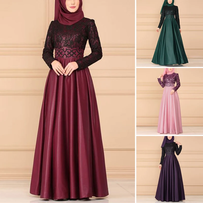 Женские мусульманские платья элегантные, кружевные, лоскутные Цветочные Макси платья Среднего Востока с длинным рукавом большие качели женские платья