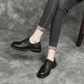 

Women Leather Flats Lace Up Low Heels Casual White Shoes Spring For Women Soft Genuine Leather Women Flats Handmade 2020 Black