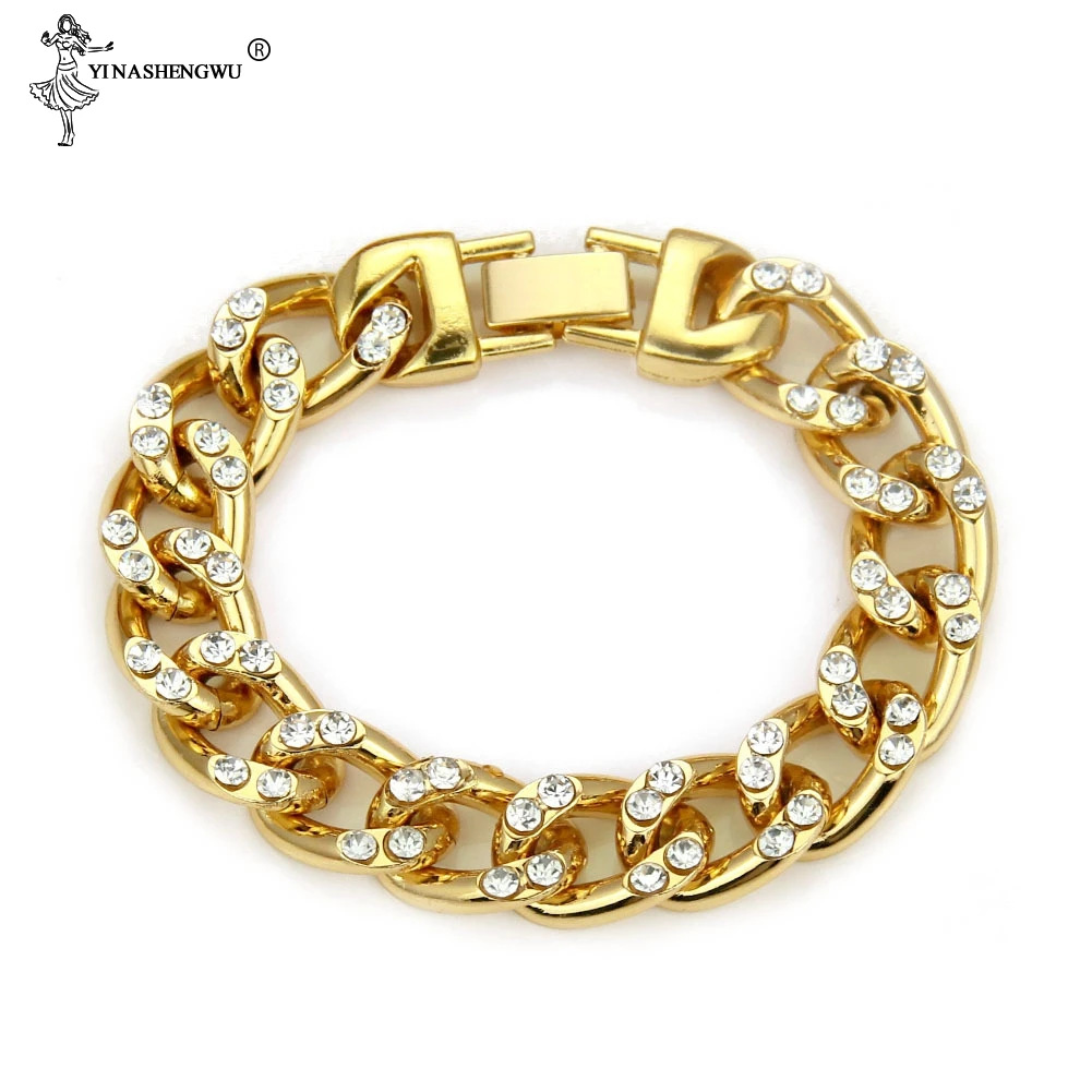 Мужской браслет в стиле хип-хоп с кубинским звеном, золотого и серебряного цветов, вымощенные Стразы, мужской браслет, уличные ювелирные изделия Pulseiras