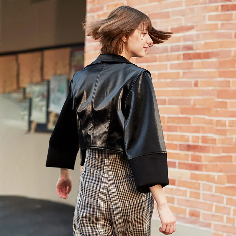 buy  [EAM] Loose Fit Black Asymmetrical Pu Leather Jacket New Lapel Long Sleeve Women Coat Fashion Tide 