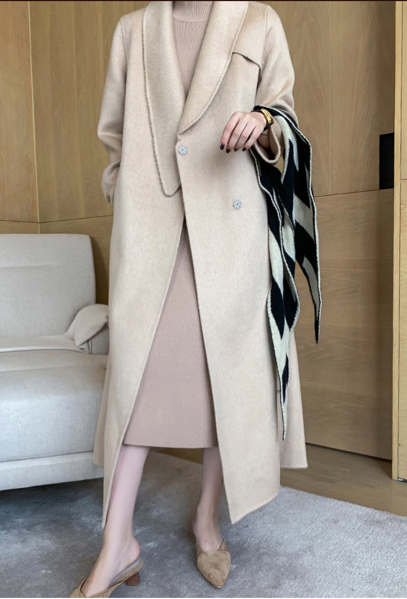 Женское осенне-зимнее роскошное модное пальто с большим воротником из верблюжьей шерсти с поясом