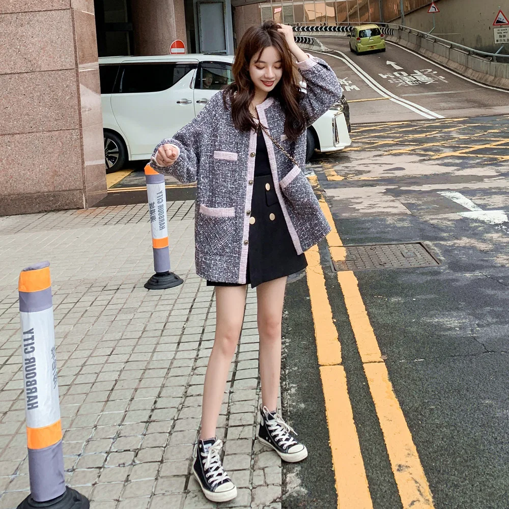 

Short-height Tweed Plaid Graceful Short Jacket Women's 2019 New Style Fashion Spring And Autumn Korean-style Loose-Fit Long-slee