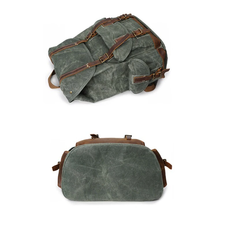 Multifunction Vintage Leather Waxed Waterproof Canvas Men's Backpack  Women Rucksack Travel Backpack teenager school Bag Bagpack