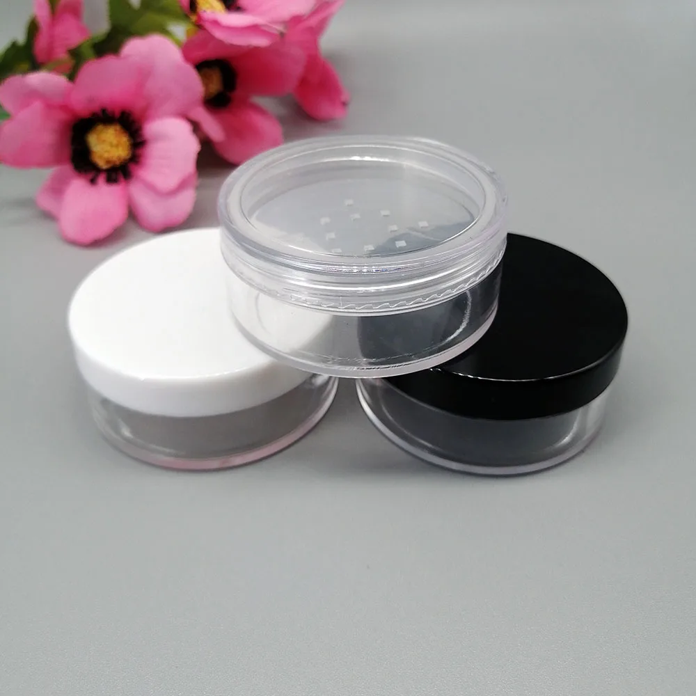 

100pcs 17g 30ml Clear plastic loose powder jar Cosmetic finishing powder with mesh sieve Packaging container Black white lid