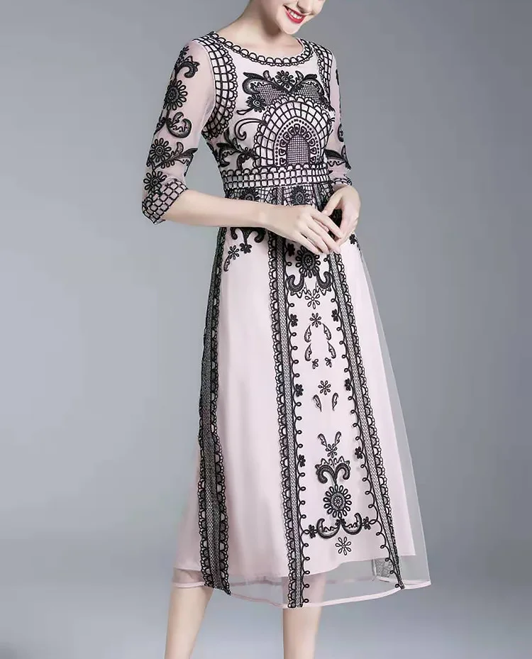 

6XL Dress Vestidos De Fiesta 2021 Autumn Party Cocktail Women Allover Exquisite Embroidery 3/4 Sleeve Midi Pink Red Blue Dress