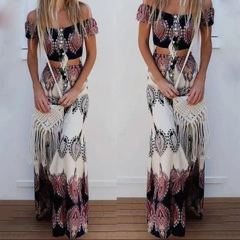 

Fashion Slash Neck Short Sleeve Crop Tops Long Skirts Two Piece Set Women Summer Boho Sexy Off Shoulder Women Set