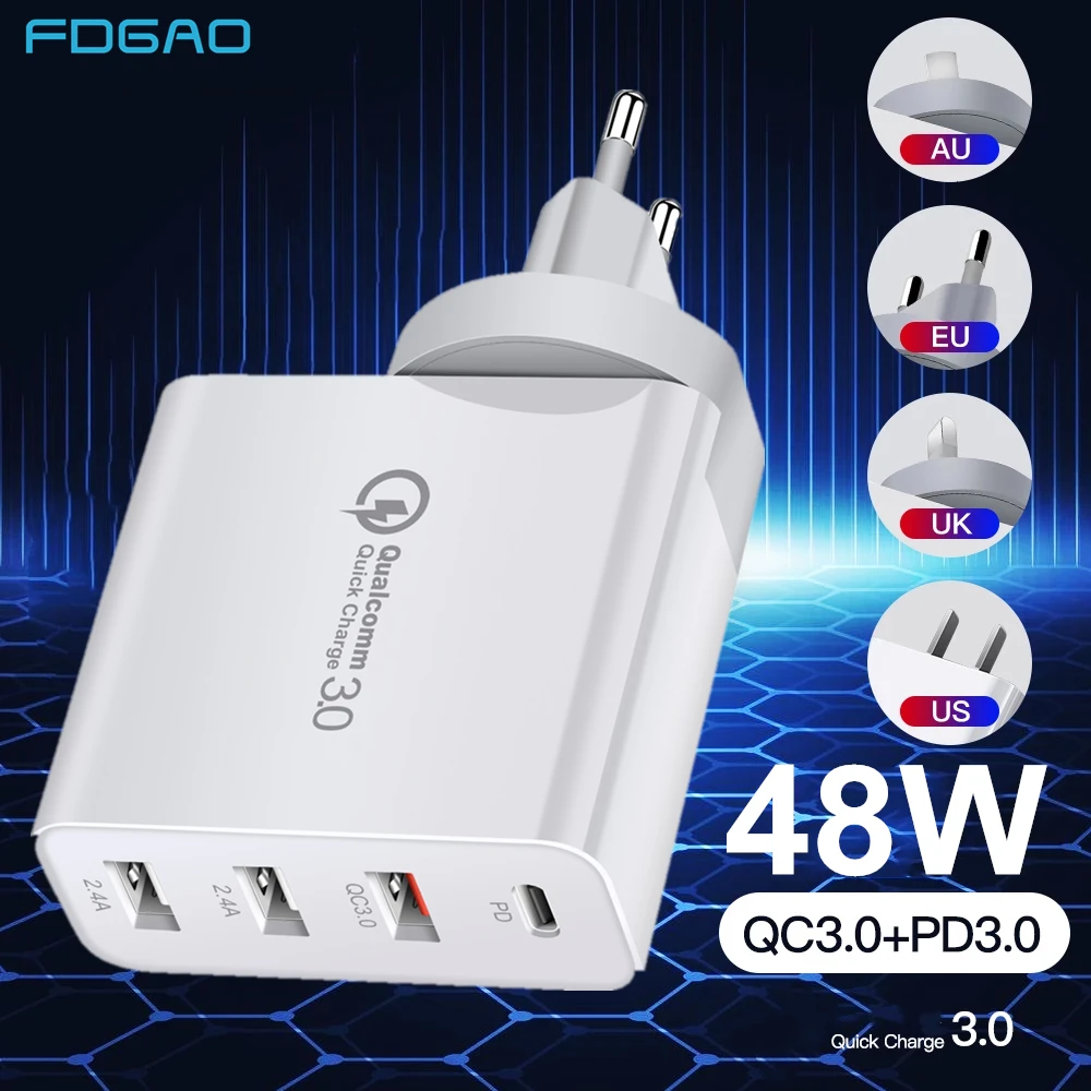 48W 4 Port USB PD Fast Charger Power Quick Charge 3.0 Type C Wall Adapter for iPhone 13 12 11 XS XR X 8 MacBook iPad Airpods Pro usb c 20w