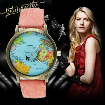 

Luxury Quartz Watch Women Fashion New Global Travel By Plane Map наручные часы 8 Colors Denim Fabric High Quality Wrist Watch