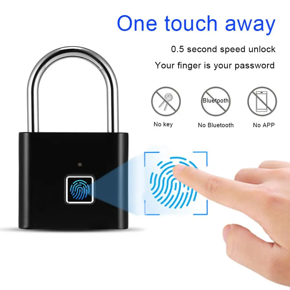 

Black silver Keyless USB Rechargeable Door Lock Fingerprint Smart Padlock Quick Unlock Zinc alloy Metal Self Developing Chip