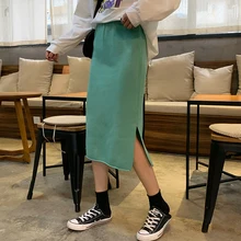 Очень милая юбка яркого цвета с разрезом сбоку, трикотажная осенне-зимняя прямая юбка миди с эластичной резинкой на талии, Jupe Femme Falda Mujer Gonne goning