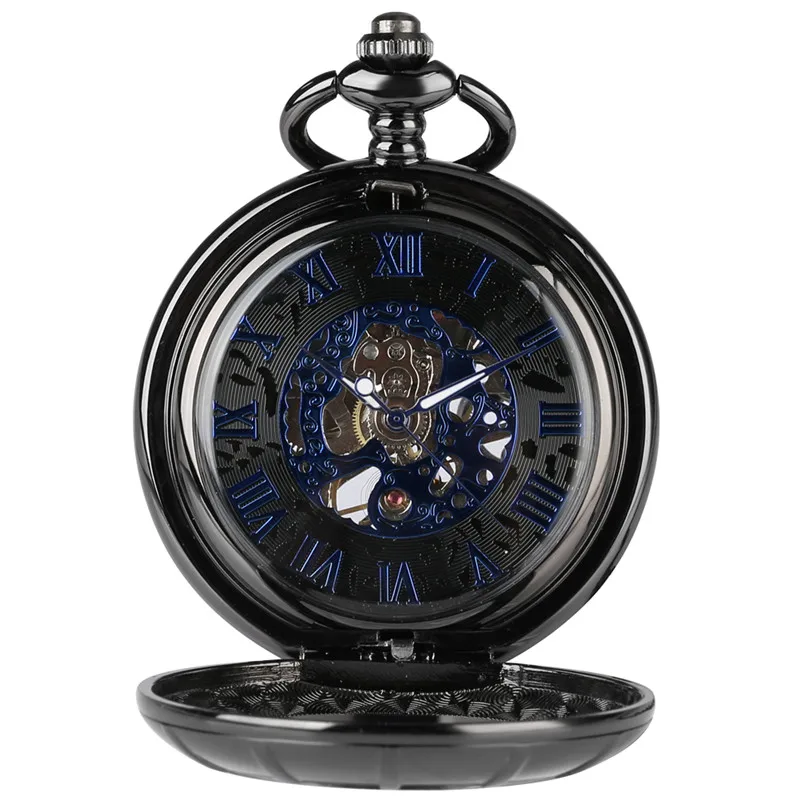 Steampunk Roman Numbers Men Women Mechanical Hand Winding Pocket Watch Fob Pendant Chain Luminous Hands Half Hunter Timepiece