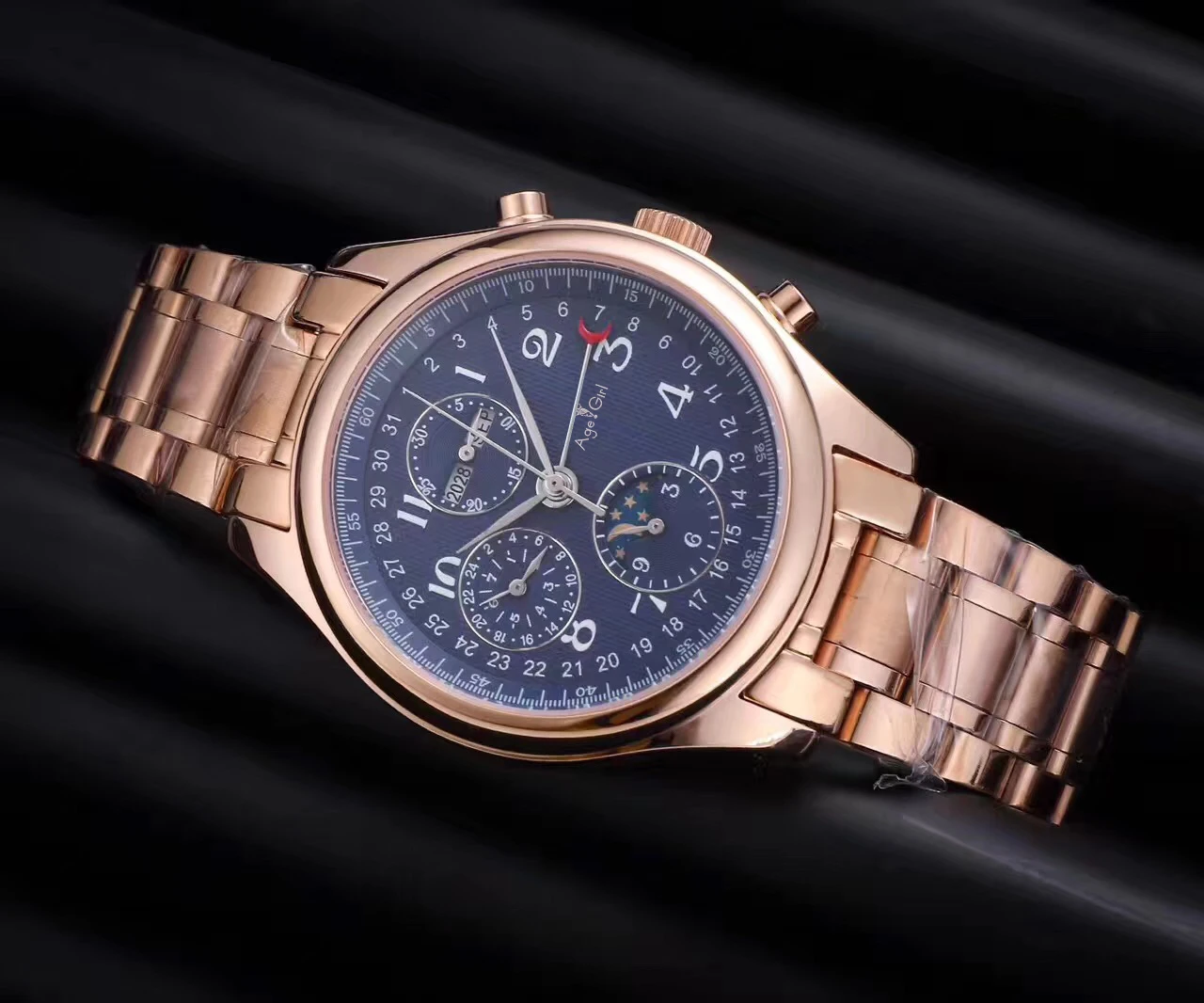 All Gold Blue Роскошные брендовые новые мужские часы из нержавеющей стали с сапфировым стеклом, автоматические механические коричневые кожаные часы с датой и календарем, фазой Луны, AAA - Цвет: All Gold Blue