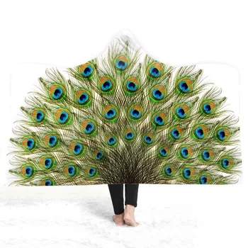 

3D peacock Hooded Blanket Sherpa Fleece Wearable plush Throw Blanket on Bed Sofa Thick warm B169