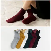 Женские одноцветные хлопковые носки короткие носки в складку с бантиками милые носки в рубчик для девочек горчичные зимние носки 6 пар/партия