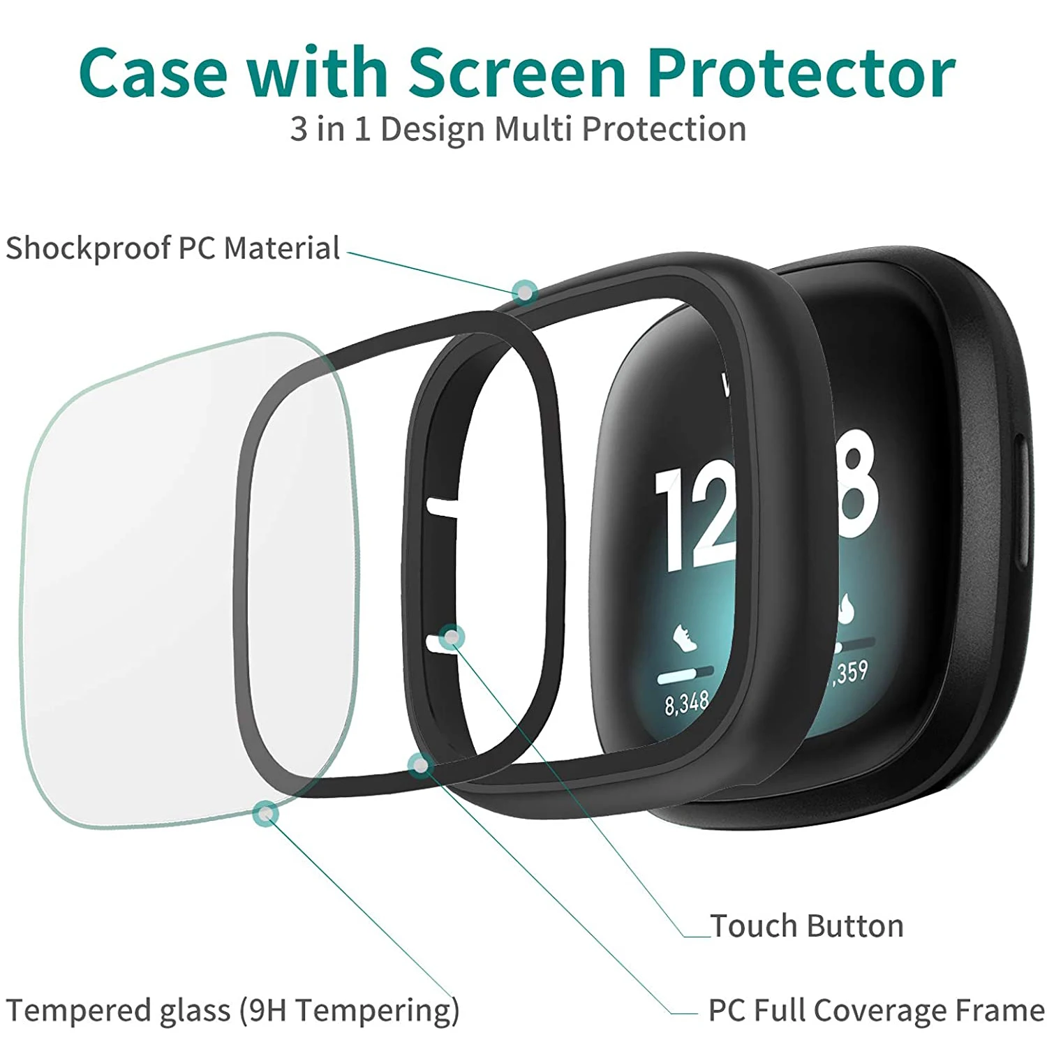 Ultra-Thin Glass Screen Protector Compatible With Fitbit Versa 3/Sense Soft Protective Case All-Around Full Cover Bumper Shell Ultra-Thin Glass Screen Protector Compatible With Fitbit Versa 3/Sense Soft Protective Case All-Around Full Cover Bumper Shell