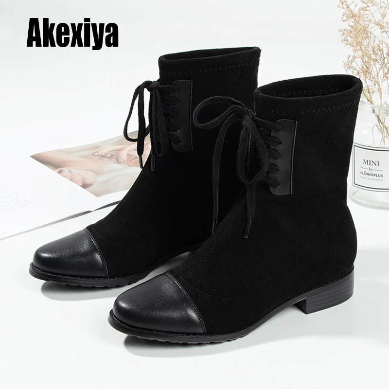 

Woman Boots Solid Western Ankle boots Lace-Up Short Boots Flock Suede Square Heels Winter Booties Woman 2020 Boots k779