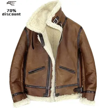 

2020 Brown Men Retro Military Style B3 Bomber Shearling Coat Plus Size XXXL Genuine Sheepskin Winter Thick Warm Aviator Coat