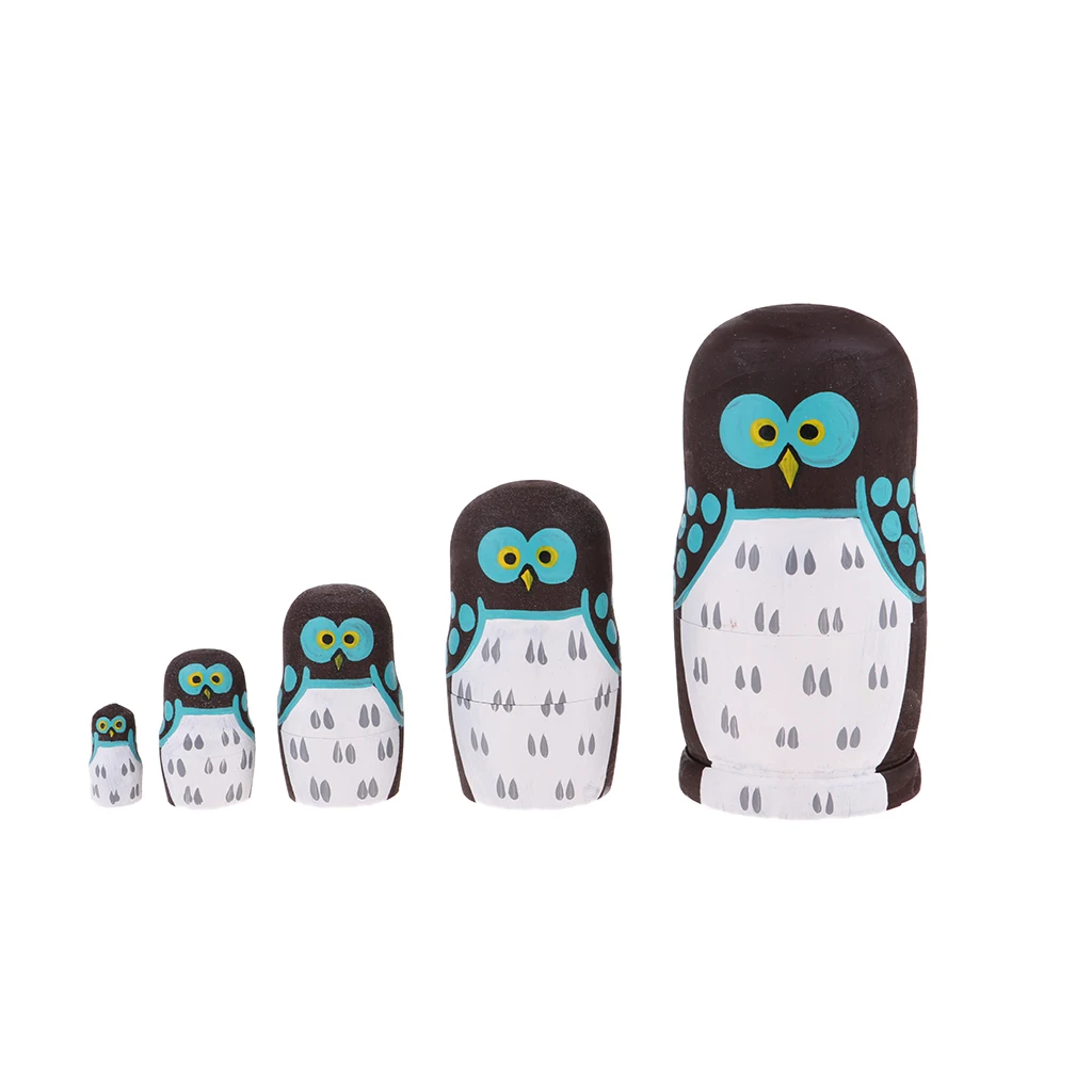 Christmas Decoration Gift - Cartoon Owl Pattern Russian Matryoshka Babushka Dolls - Hand Painted Wooden Dolls 5 Pieces Kit
