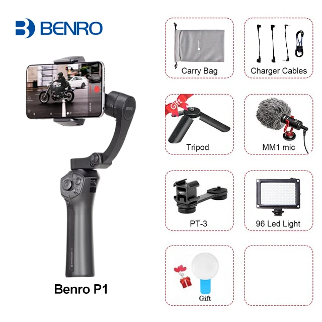BENRO P1 3 оси смартфон Gimbals Ручной Стабилизатор для Gopro iPhone huawei XiaoMi Pk Snoppa Atom DJI Osmo mobile 3 2 - Цвет: Package8