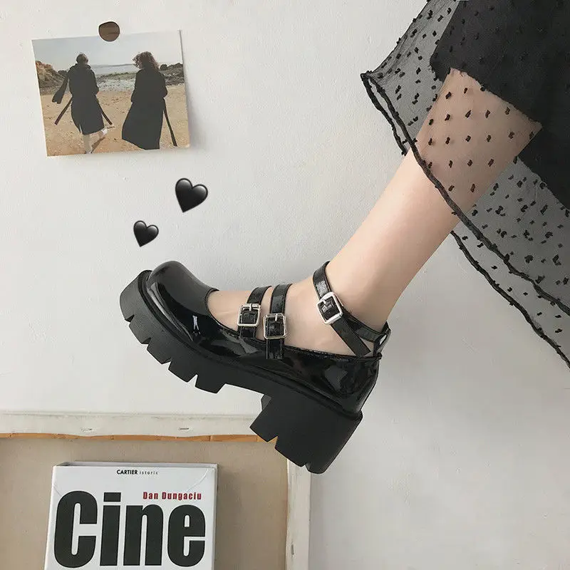 Apanzu gothic lolita shoes Round Head Mary Jane Shoes Japanese College Girl JK Uniform PU Platform Strap Waterproof Black | Обувь