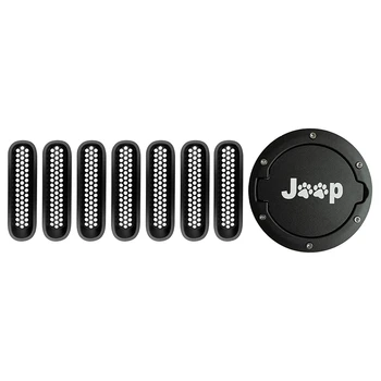 

7 Pcs Front Grill Mesh Inserts Clip-In Deflector Guard & 1 Pcs Fuel Filler Door Cover, Gas Tank Cap for 2007-2017 Jeep