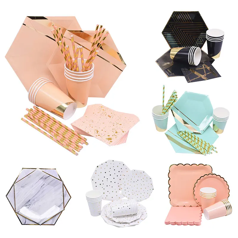 

Gilding Rose Gold Pink Blue Cups/Plates/Napkins/Straws Disposable Party Tableware Wedding Decoration Birthday Party Decoration