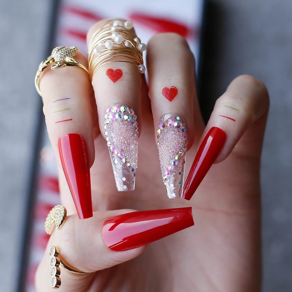 French Tip Press on Nails Long Square Fake Nails Valentines Day Pink Nails  with Love Rhinestones Designs Coffin Acrylic Flase Nails Glue on Nails for