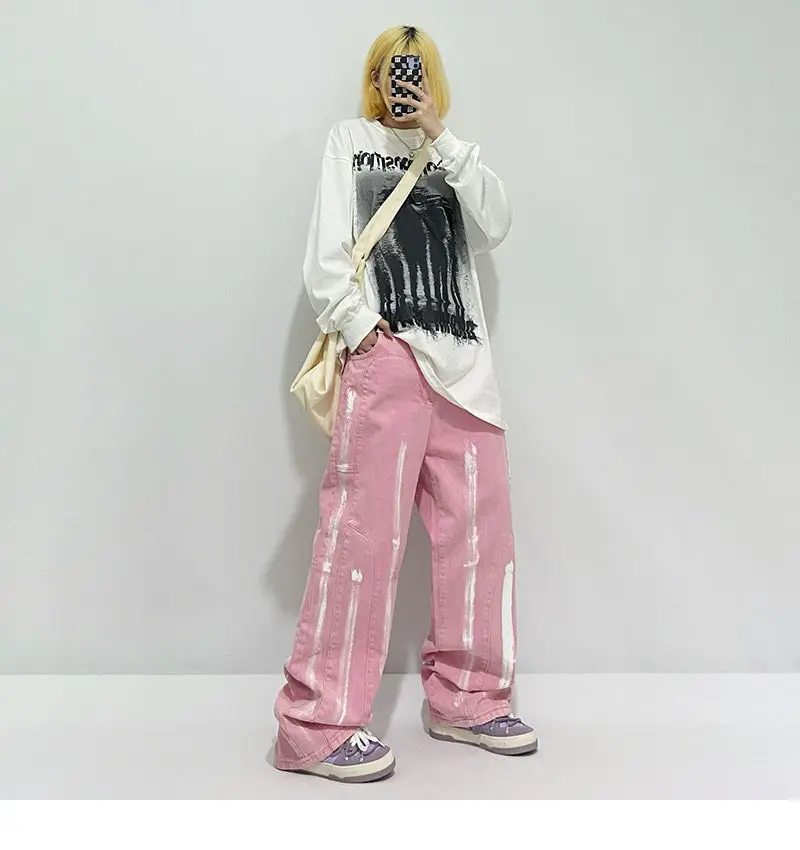 Pink washed distressed jeans women's autumn 2021 design