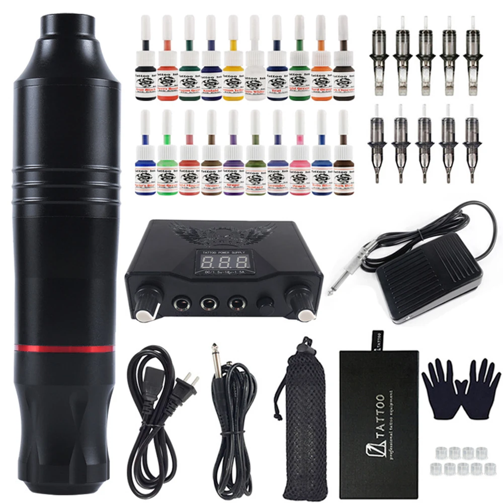 Professional Tattoo Machine Kit Rotary Pen Power Supply Permanent Makeup Gun With Cartridges Needle For Beginners | Красота и