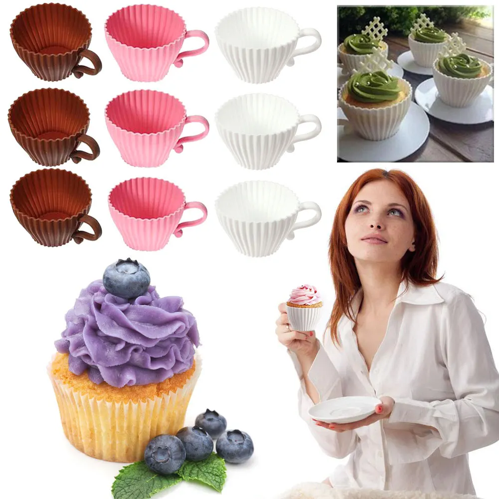 White Silicone Cupcake Cups Muffin Baking Cake Tea Saucer Teacup Mold Mould