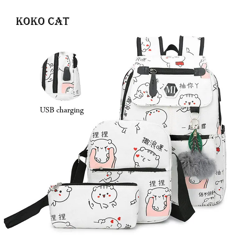 

Canvas Backpack 3 Pcs Set Women School Bags Orthopedic Satchel for Girls Teenagers USB Charging Daily Travel Organizer Knapsack