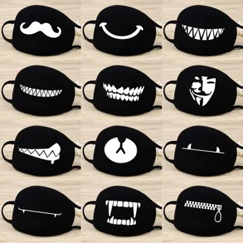 

2pc Black Cotton Mouth Face Mask Cartoon Expression Mask Unisex Outdoor Anti-Dust Flu Mask Health Cycling Respirator Drop Ship