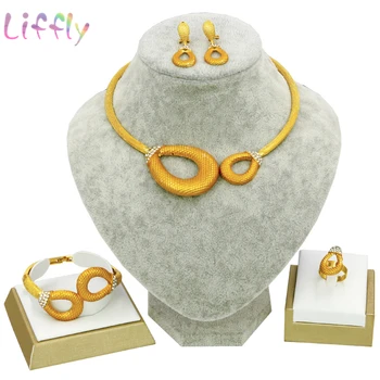 

Charm Bridal Jewelry Fashion Women African Jewelry Set Dubai Gold Necklace Earrings Ring Bracelet Classic Round Jewelry Set