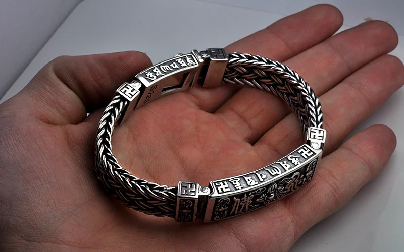 New real pure S925 solid silver Buddhism six-character mantra Vajra good luck woven bracelet  Thai silver vintage man bracelet