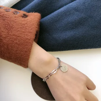 

S925 Sterling Silver Chain round Letter Bracelet Korean Trendy Star All-Match Silver Bracelet snap jewelry bracelets bangles