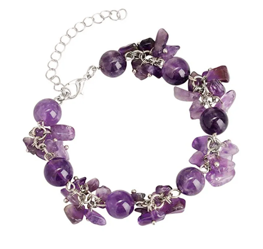 

FYJS Unique Silver Plated Handmade Natural Purple Amethysts Stone 8 mm Round Beads with Irregular Shape Gravel Bracelet