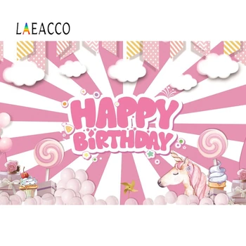 

Laeacco Unicorn Party Photographic Backdrops Balloon Candy Baby Birthday Photography Background Personalized For Photo Studio