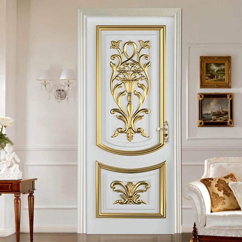 PVC Self-Adhesive Waterproof Door Sticker 3D Stereo White European Style Golden Carved Wallpaper Living Room Bedroom Door Decal