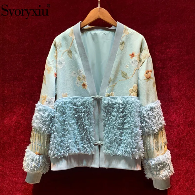 Svoryxiu модное осень-зима Дизайнерская куртка пальто Для женщин Изысканная Бисер кисточкой с треугольным вырезом и длинными рукавами, верхняя одежда с рисунком; куртка