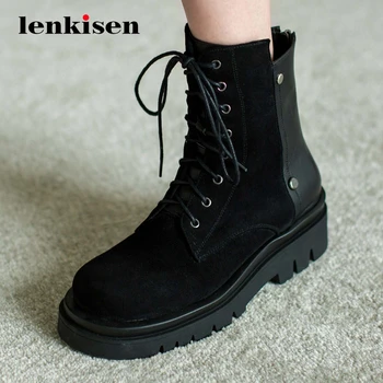 

Lenkisen large size cow suede patchwork streetwear fashion round toe thick med heel zipper beauty lady dating ankle boots L7f3