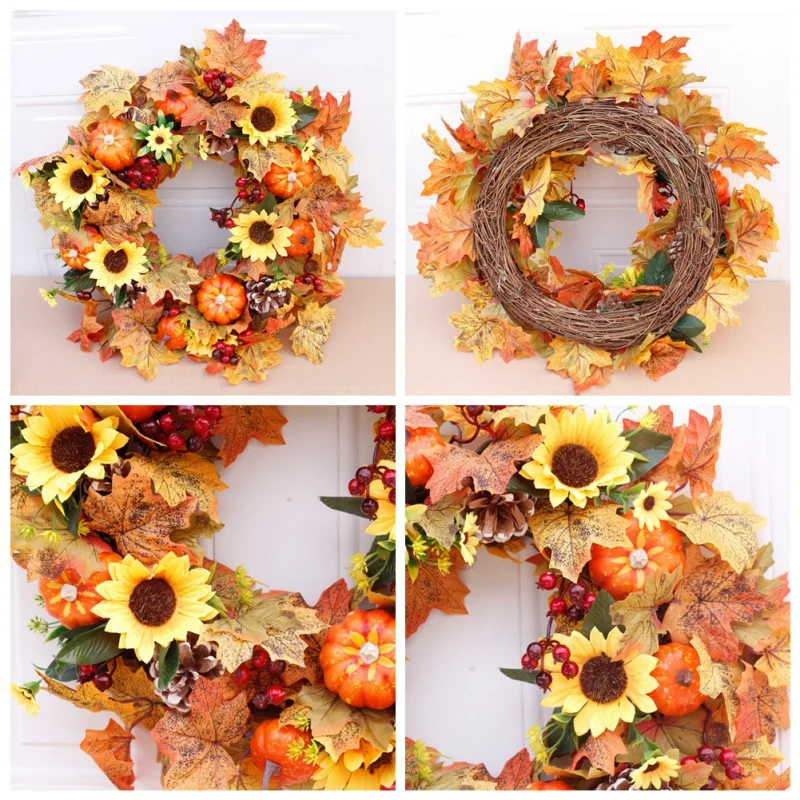 Autumn Artificial Maple Leaf Front Door Wreath Seasonal Home Decor For Window Wall Sunflowers Pumpkins Berries And Pine Cone