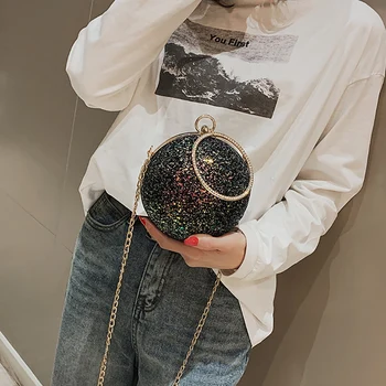 

Fashion Round Bag Sequins Evening Bag Wedding Party Purse Shoulder Crossbody Bag for Women Black